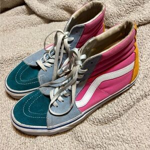 Vans Teal, Pink, and Yellow High-Top Sneakers